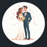 Romantic Bröllop par Sticker Runt Klistermärke<br><div class="desc">Fintvätt och charmerande dekal med ett kärleksfullt par på bröllopsdagen,  omgivet av flytande hjärtan,  perfekt för romantisk dekoration eller gåvor.</div>
