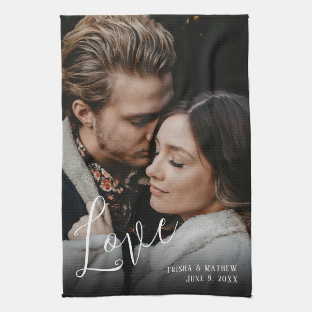 Romantic Bröllop Photo, Kärlek, Namn och datum Kökshandduk (Vertikal)