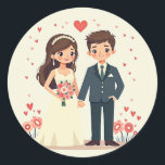 Romantic Bröllop Sticker Runt Klistermärke<br><div class="desc">Den berömda dekal för tecknad som innehåller en brud och en groom omgiven av hjärtan,  perfekt för bröllop och dekorerad deka med kärlek.</div>