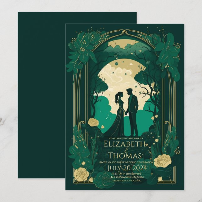 Romantic bröllopsinbjudan Grönt Emerald and Guld Inbjudningar (Fram/baksida)