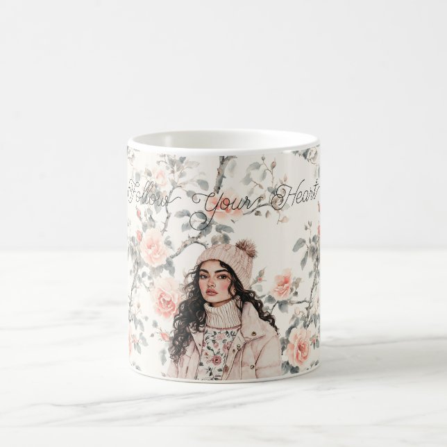 Romantic Brown Hair Girl in Hat Peach Roses Floral Kaffemugg (Center)