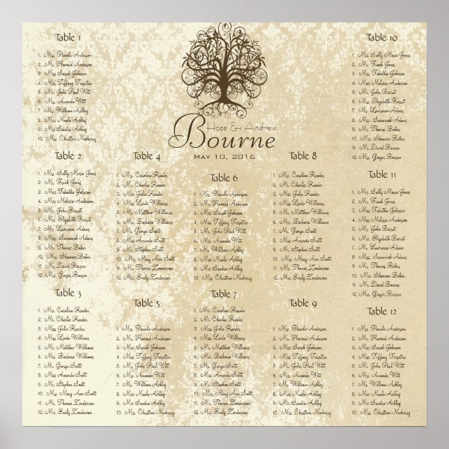 Romantic Brown Swirl Träd Seating Chart 12 Bord Poster (Framsidan)