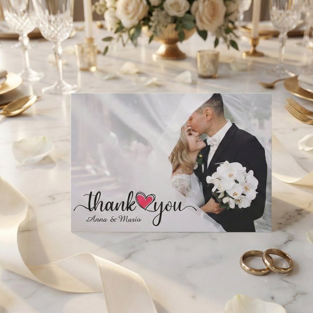 Romantic Brush Script Hot Pink Heart Wedding Photo Tack Kort (Skapare uppladdad)