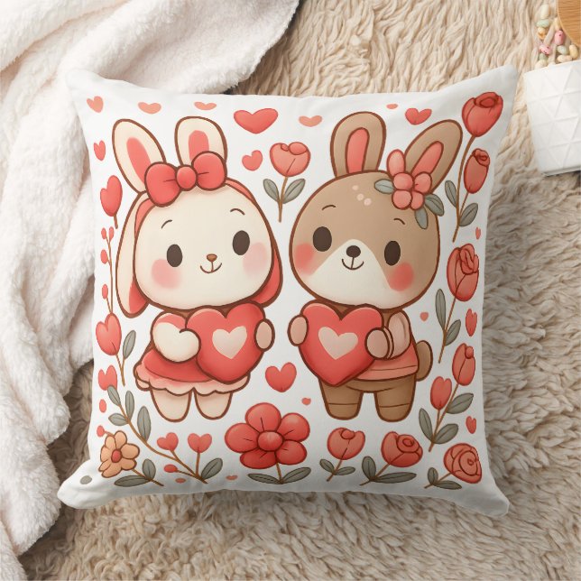 Romantic Bunny Couple Decorative Pillow Kudde (Filt)