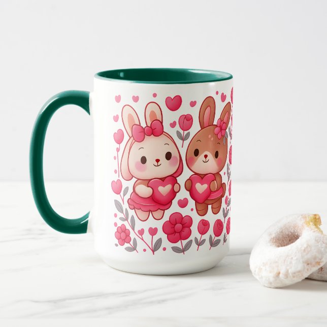 Romantic Bunny Couple Heart Ceramic Mug Mugg (Med munk)