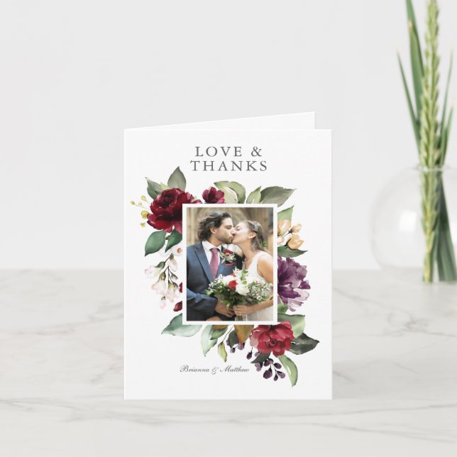 Romantic Burgundy and Plum Blommigt Photo Tack Kort (Framsida)