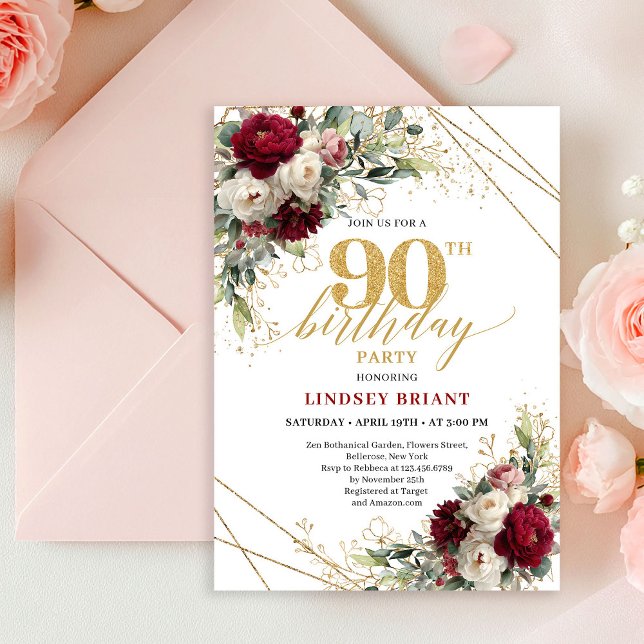 Romantic Burgundy and White Floral 90th Birthday  Inbjudningar (Romantic Burgundy and White Floral 90th Birthday Invite)