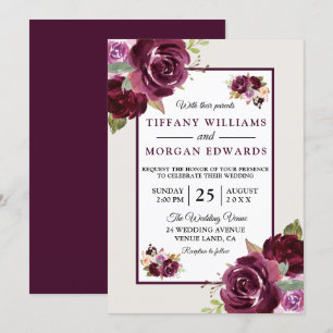 Romantic Burgundy Berry Flowers Elegant bröllop Inbjudningar