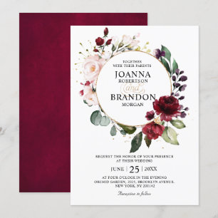 Romantic Burgundy Blommigt Geometric Bröllop Inbjudningar