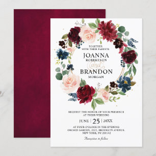 Romantic Burgundy Blommigt Geometric Bröllop Inbjudningar
