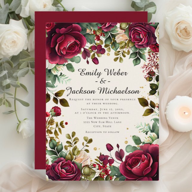 Romantic Burgundy Blommigt Luxury Bröllop Inbjudningar (Elegant red burgundy roses and greenery wedding invitation)