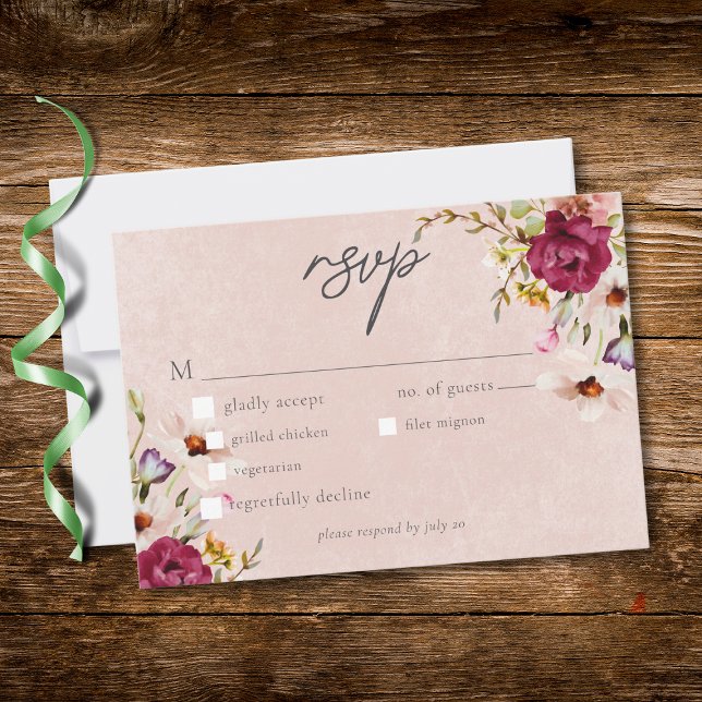Romantic Burgundy Blush Floral Garden Wedding OSA Kort (Romantic Burgundy Blush Floral Garden Wedding RSVP Card)