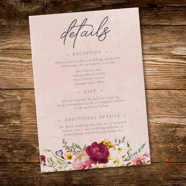 Romantic Burgundy Blush Floral Garden Wedding Tilläggskort (Romantic Burgundy Blush Floral Garden Wedding Enclosure Card)