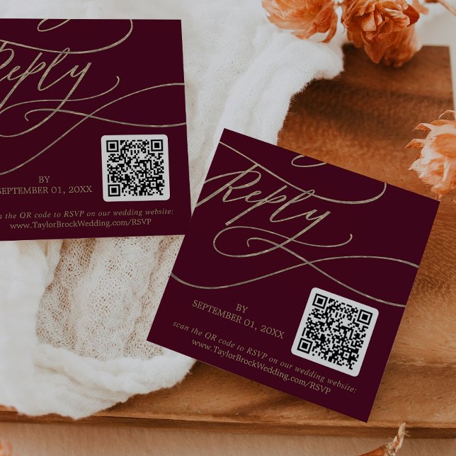 Romantic Burgundy Calligraphy QR Code Bröllop OSA Tilläggskort (Skapare uppladdad)
