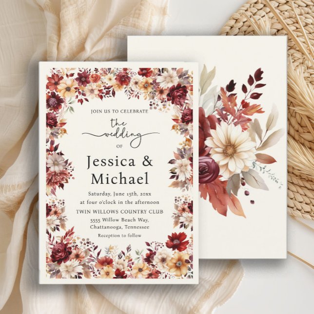 Romantic Burgundy Cream Watercolor Blommigt Bröllo Inbjudningar (Romantic burgundy and cream floral wedding invitation)