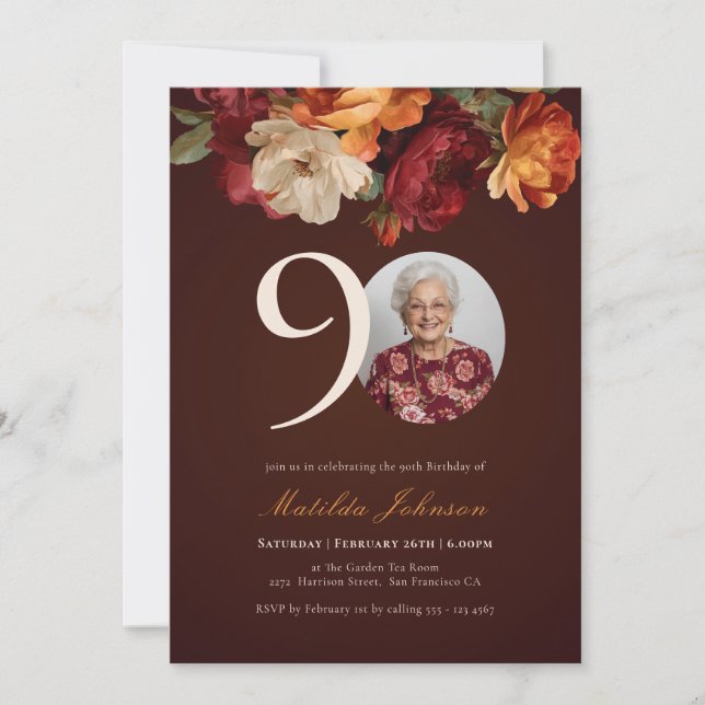 Romantic Burgundy Floral Photo 90th Birthday Inbjudningar (Framsida)