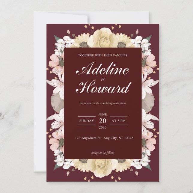 Romantic Burgundy Floral Wedding Invitation card Inbjudningar (Framsida)