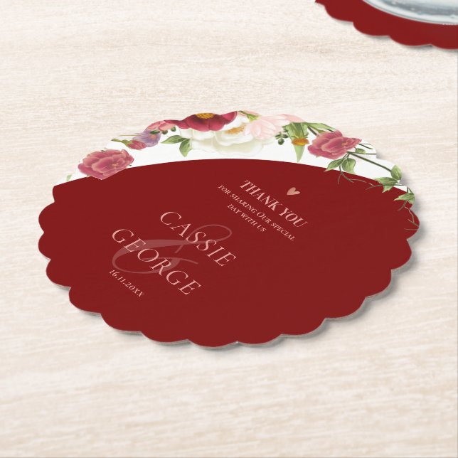 Romantic Burgundy Floral Wedding Thank You Message Underlägg Papper (Vinklad)