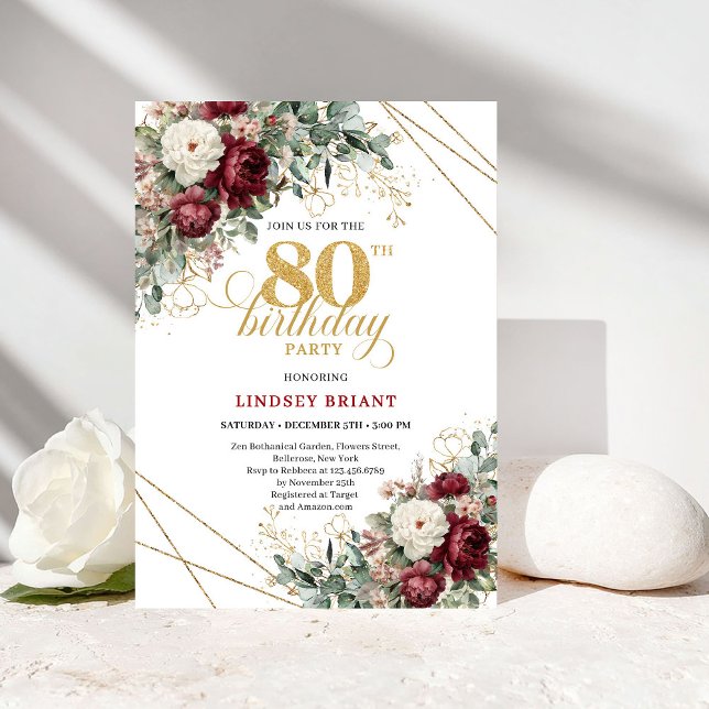 Romantic Burgundy Flowers Greenery Gold 80th Birth Inbjudningar (Romantic Burgundy Flowers Greenery Gold 80th Birthday Card

)