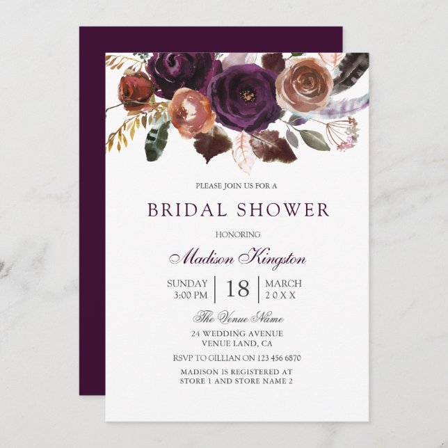 Romantic Burgundy Lila Plum Blommigt Möhippa Inbjudningar (Fram/baksida)