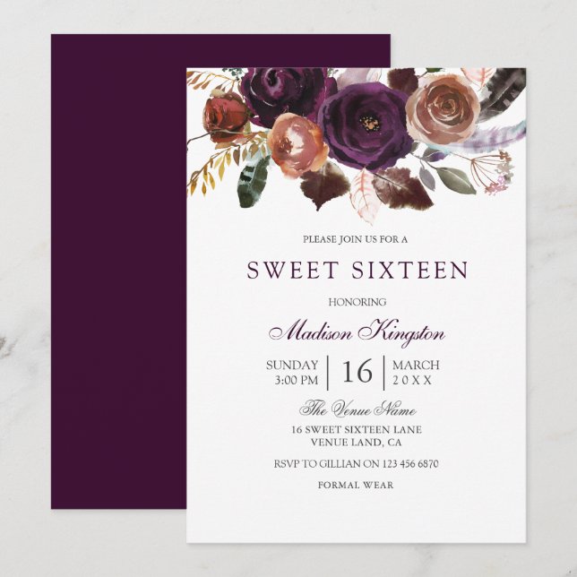 Romantic Burgundy Lila Plum Blommigt Sweet 16 Inbjudningar (Fram/baksida)