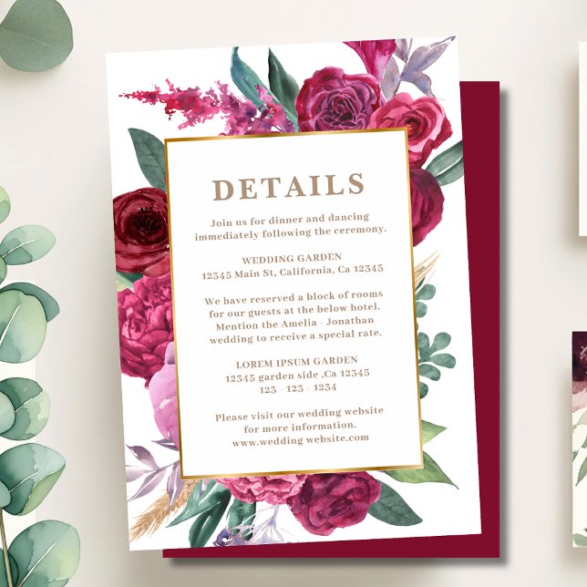Romantic burgundy Maroon Floral Wedding details Tilläggskort (Skapare uppladdad)