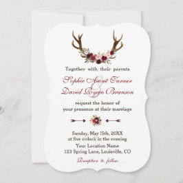 Romantic Burgundy Marsala Blommigt Antlers Bröllop Inbjudningar