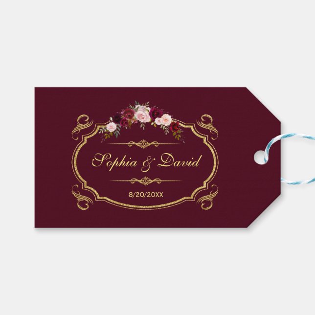 Romantic Burgundy Marsala Blommigt Fall Wedding Presentetikett (Framsidan (Horisontell))