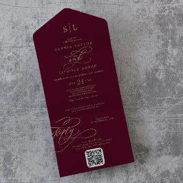 Romantic Burgundy Monogram QR Code Bröllop