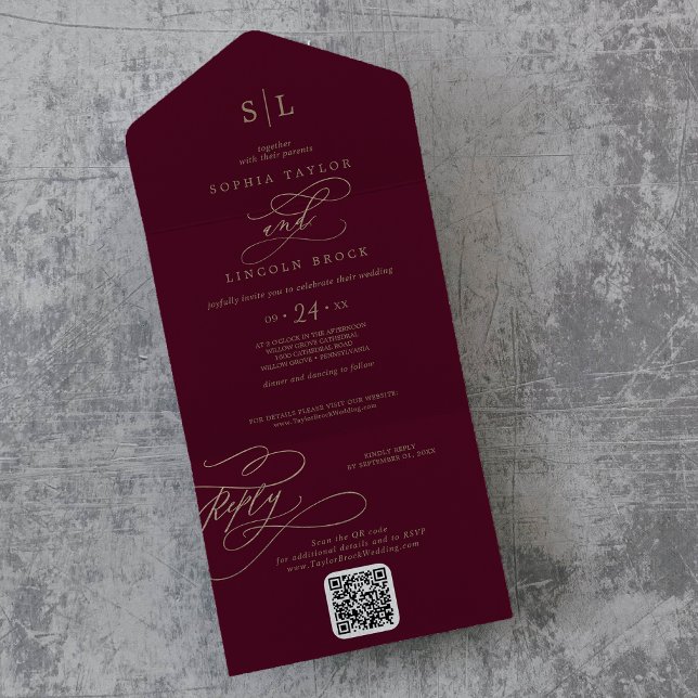 Romantic Burgundy Monogram QR Code Bröllop (Skapare uppladdad)