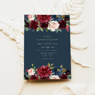 Romantic Burgundy Navy Blommigt Garden Wedding Inbjudningar