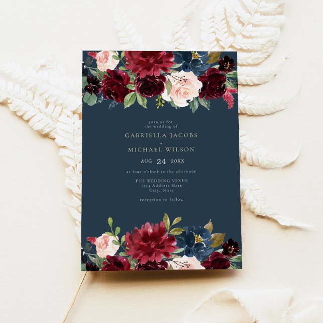 Romantic Burgundy Navy  Blommigt Garden Wedding Inbjudningar (Skapare uppladdad)