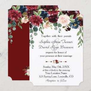 Romantic Burgundy Navy Blue Blommigt Bröllop Inbjudningar