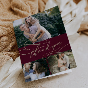 Romantic Burgundy och Guld 3 Photo Collage Bröllop Tack Kort