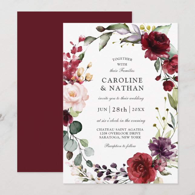 Romantic Burgundy Plum och  Blommigten Bröllop Inbjudningar (Fram/baksida)