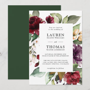 Romantic Burgundy Plum och Grönt Blommigt Bröllop Inbjudningar