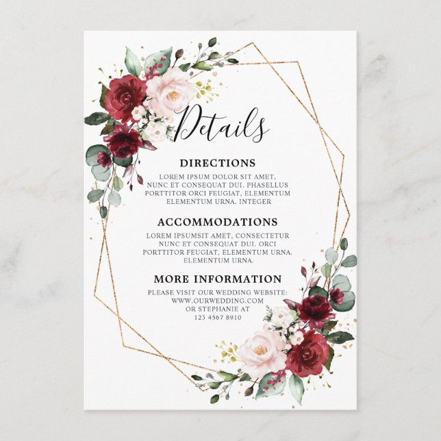 Romantic Burgundy Red Blommigt Geometric Bröllop Tilläggskort (Framsida)