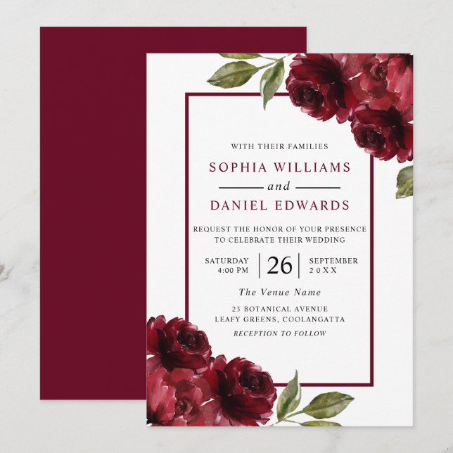 Romantic Burgundy Red Flowers Modern Bröllop Inbjudningar (Fram/baksida)