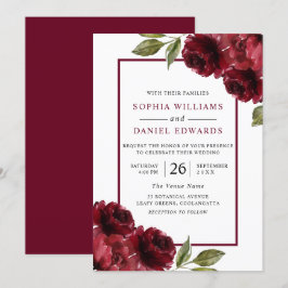Romantic Burgundy Red Flowers Modern Bröllop Inbjudningar
