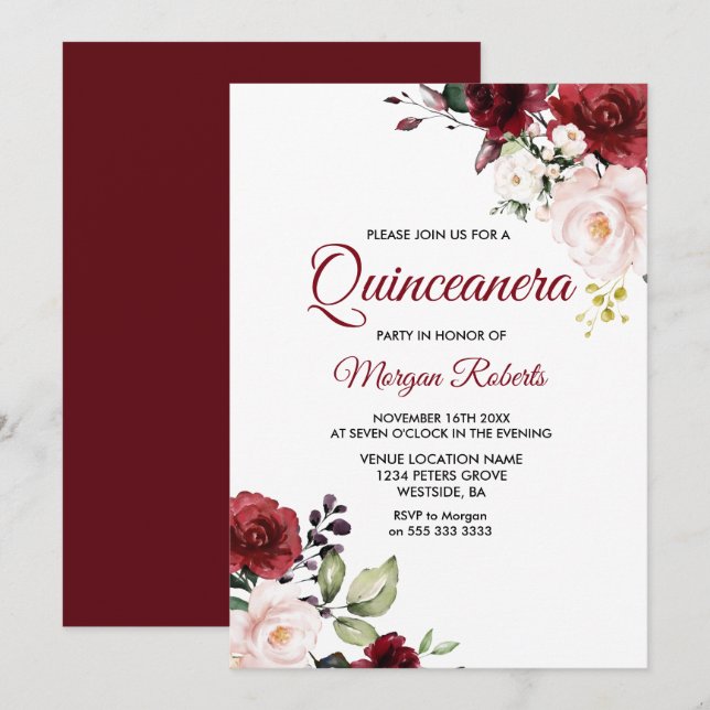 Romantic Burgundy Red Flowers Quinceanera Inbjudningar (Fram/baksida)