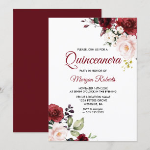 Romantic Burgundy Red Flowers Quinceanera Inbjudningar