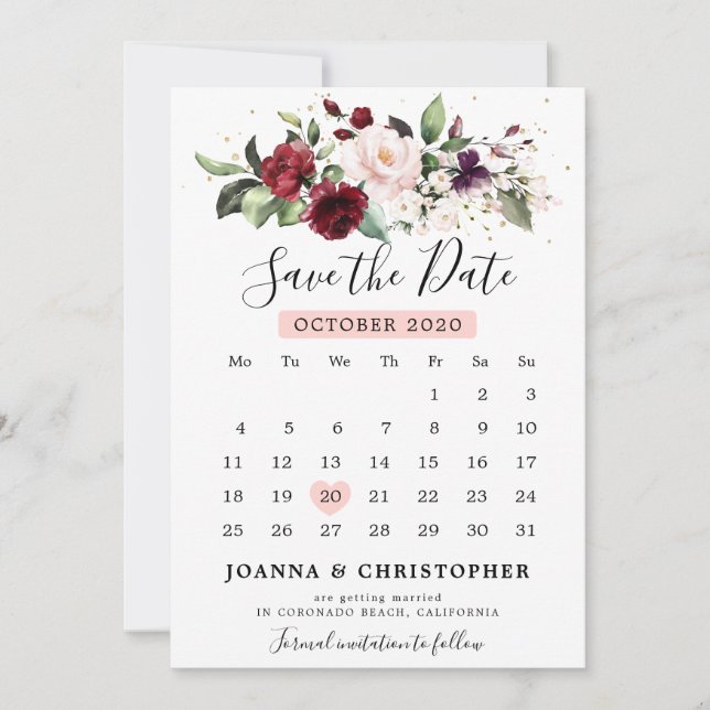 Romantic Burgundy Red  Ro Blommigt Kalender Spara Datumet (Framsida)