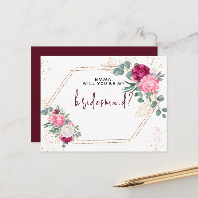 Romantic Burgundy Red  Rosa Blommigt Bridesmaid Vykort (Fram/Back In Situ)