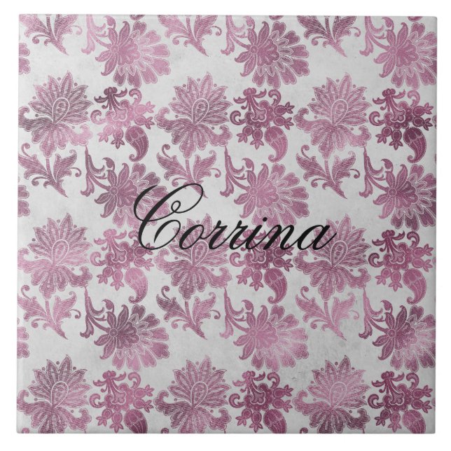 Romantic Burgundy Red Silver Blommigt Kakelplatta (Framsidan)