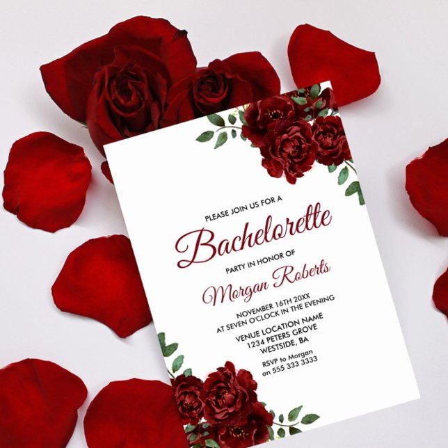 Romantic Burgundy Röd ros Bachelorette Inbjudan (Skapare uppladdad)