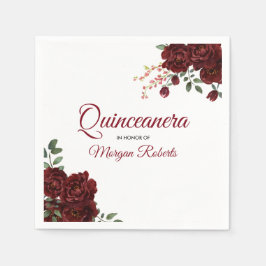 Romantic Burgundy Röd ros Blommigt Quinceanera Pappersservett