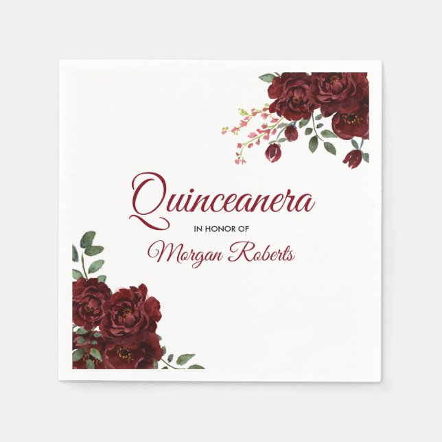 Romantic Burgundy Röd ros Blommigt Quinceanera Pappersservett (Framsidan)