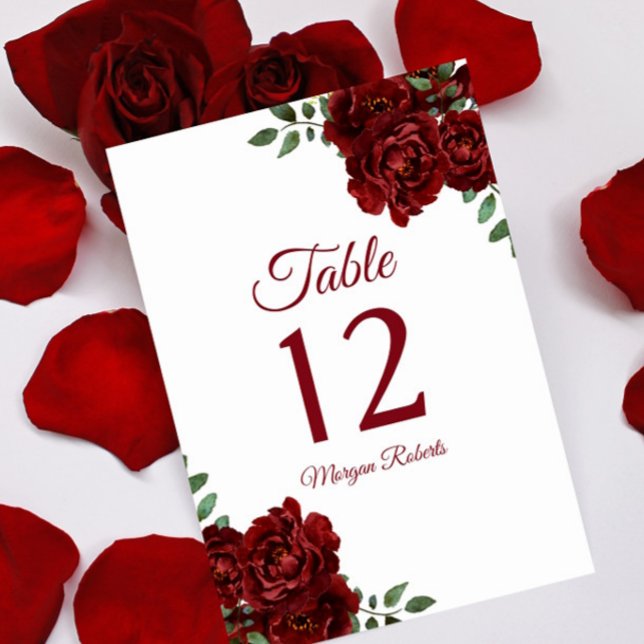 Romantic Burgundy Röd ros Bröllop eller Quinceaner Bordsnummer (Skapare uppladdad)
