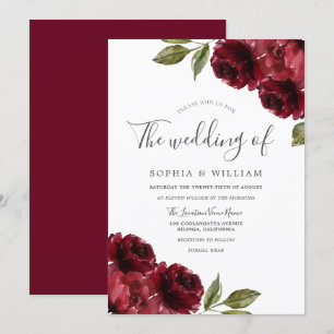 Romantic Burgundy Röd ros Bröllop Inbjudningar