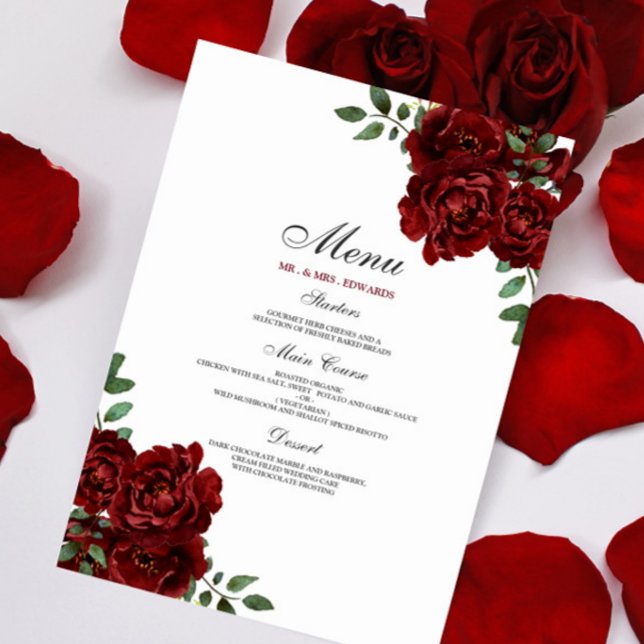 Romantic Burgundy Röd ros Bröllop Meny (Skapare uppladdad)